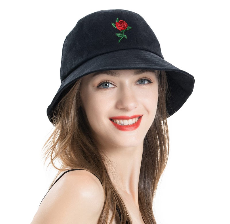 ZLYC Unisex Fashion Embroidered Bucket Hat Summer Fisherman Cap for Men Women Teens (Rose Black) - Image 2